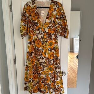 Free People Floral V-Neck Midi Dress - Orange and Yellow